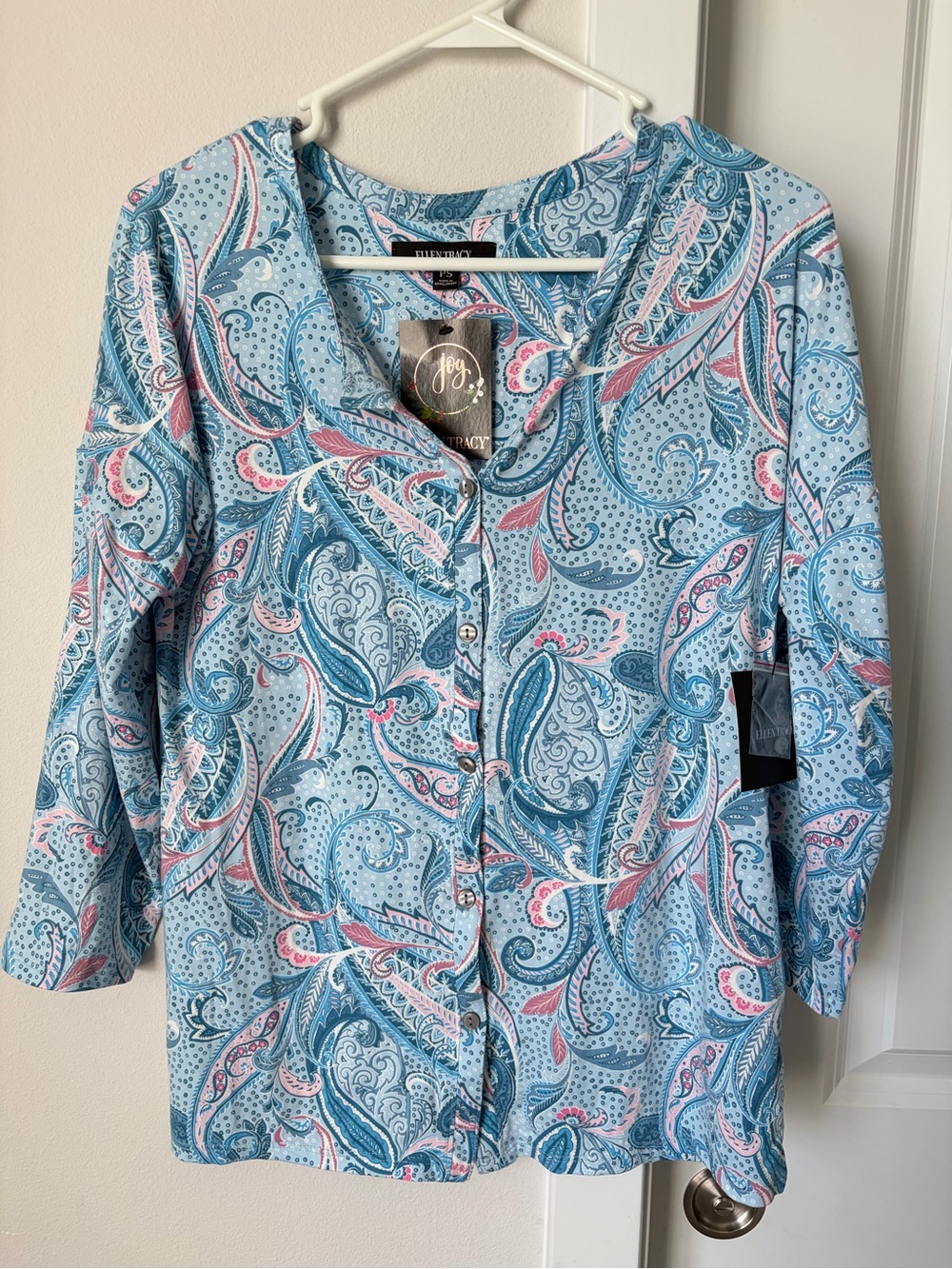 NWT Ellen Tracy Pajama Set Size Petite Small Blue Pink Paisley 2 Piece Spring - Picture 2 of 12